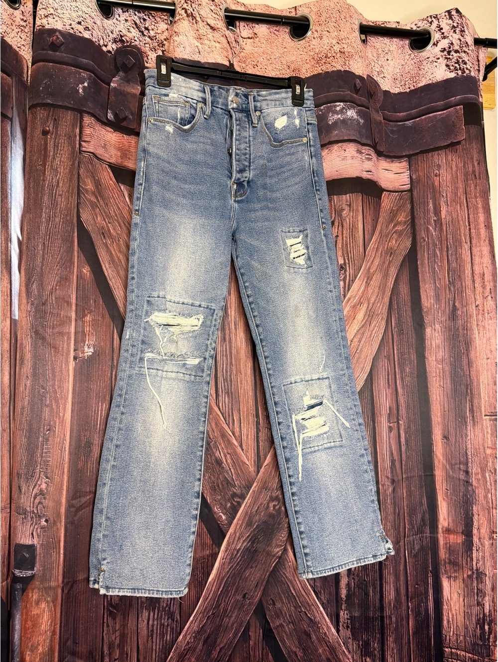 Good American Distressed Light Wash Straight Leg Jeans Size 4